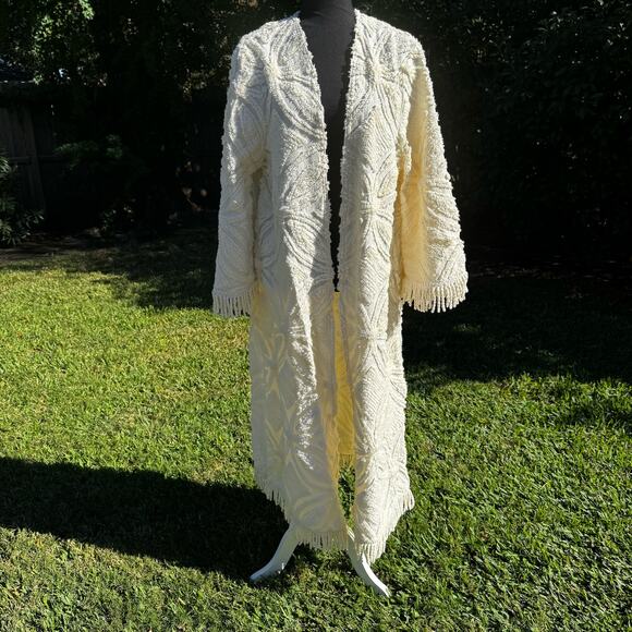 Handmade Chenille Duster Jacket, Fringe Upcycled Bedspread Boho Coat Cottage - Picture 1 of 11